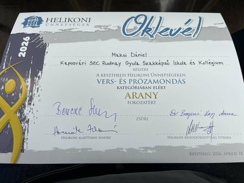Arany minősítés a Helikonon – országos versenyeken szerepelt a Rudnay iskola tanulója